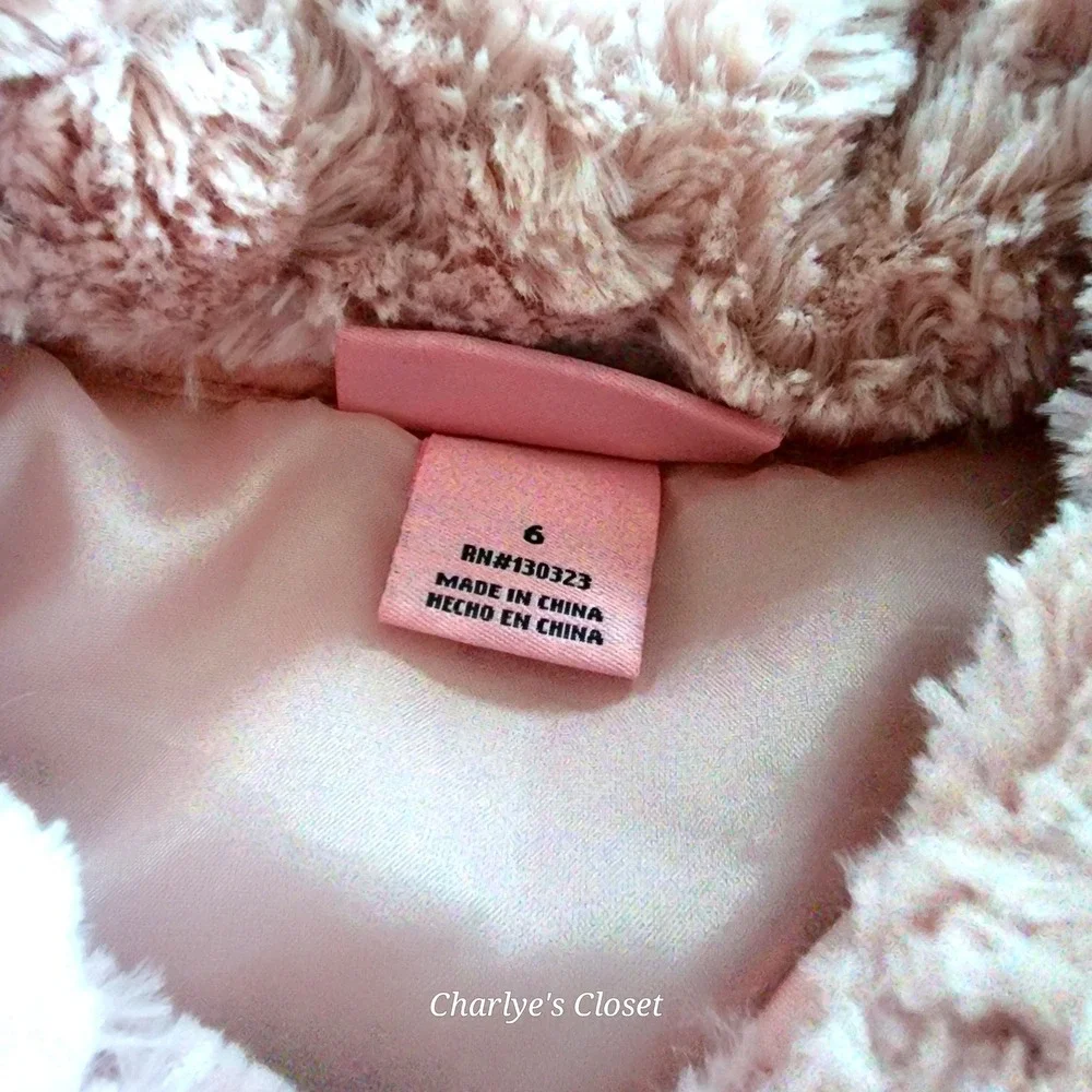Juicy Couture Kids Pink Rosette Peplum Babydoll Faux Fur Logo Plate Coat Sz.‎ 6